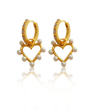 Elegant Gold Copper Overgild Inlaid Zircon Pearl Heart Hoop Earrings