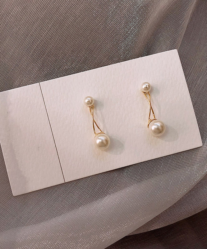 Elegant Gold Metal Overgild Pearl Cross Connection Stud Earrings