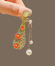 Elegant Gold Metal Pearl Floral Tassel Lute Hairpin