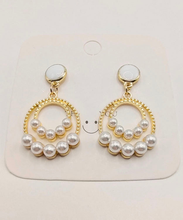 Elegant Gold Sterling Silver Alloy Pearl Circle Drop Earrings