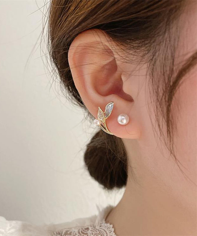 Elegant Gold Sterling Silver Alloy Zircon Pearl Leaves Hoop Earrings