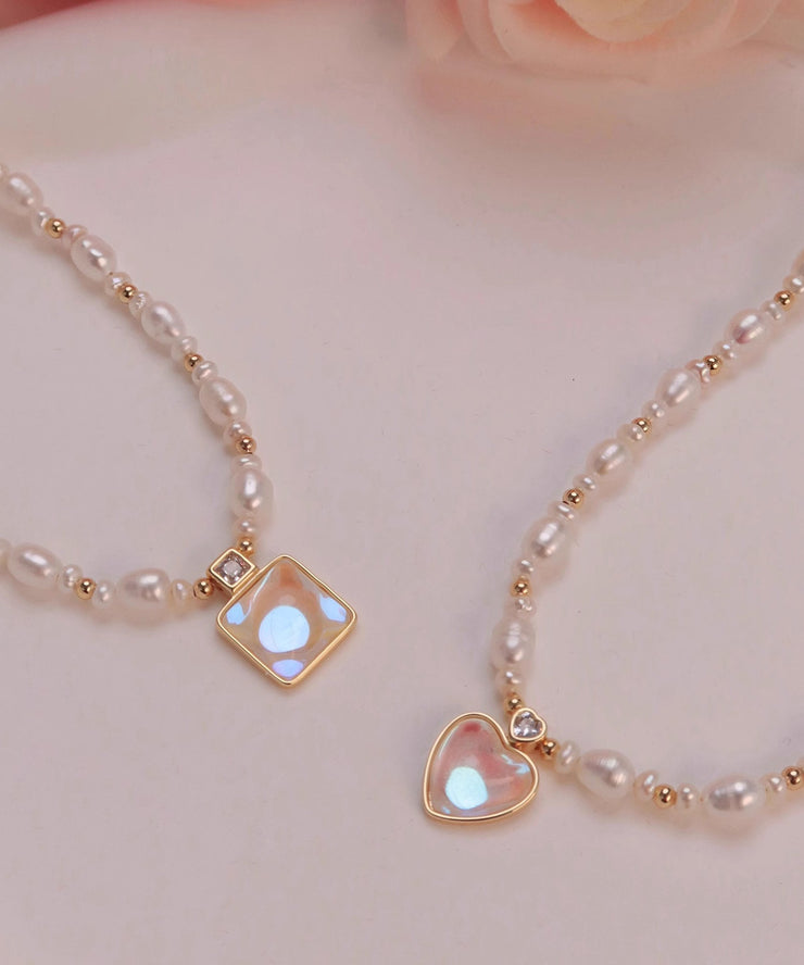 Elegant Gold Sterling Silver Overgild Crystal Love Pearl Pendant Necklace