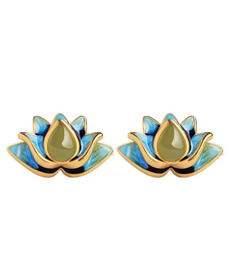 Elegant Gradient Color Blue Sterling Silver Jade Enamel Lotus Stud Earrings