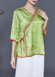 Elegant Grass Green Embroideried Lace Up Silk Top Summer