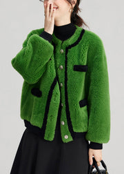 Elegant Green Button Pockets Fuzzy Fur Fluffy Coats Long Sleeve