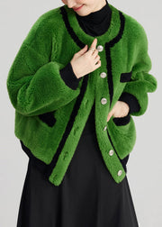 Elegant Green Button Pockets Fuzzy Fur Fluffy Coats Long Sleeve