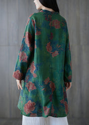 Elegant Green Button Print Linen Mid Dress Long Sleeve