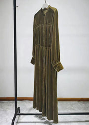 Elegant Green Button Ruffled Silk Velour Shirts Long Dresses Fall