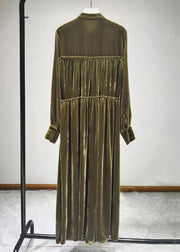 Elegant Green Button Ruffled Silk Velour Shirts Long Dresses Fall