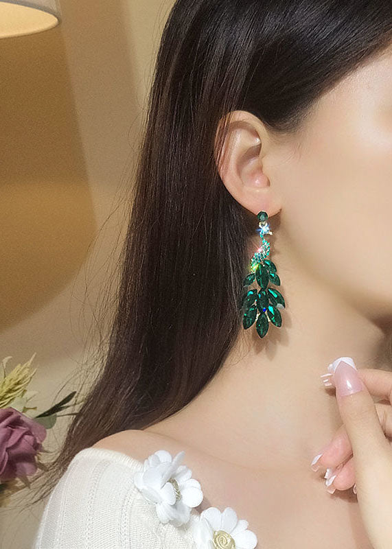 Elegant Green Crystal Peacock Flaunting Its Tail Drop Earrings