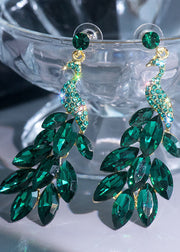 Elegant Green Crystal Peacock Flaunting Its Tail Drop Earrings