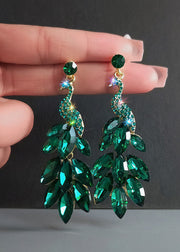 Elegant Green Crystal Peacock Flaunting Its Tail Drop Earrings