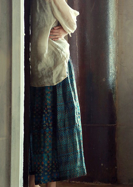 Elegant Green Elastic Waist Print Patchwork Linen Skirts Fall