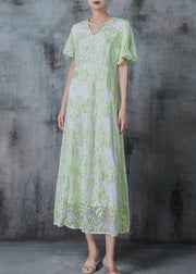 Elegant Green Embroidered Organza Robe Dresses Puff Sleeve