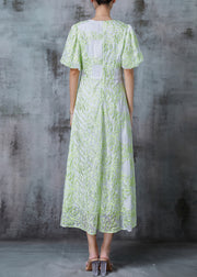 Elegant Green Embroidered Organza Robe Dresses Puff Sleeve