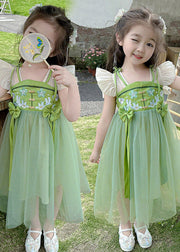 Elegant Green Embroideried Patchwork Bow Tulle Kids Long Dress Short Sleeve