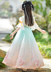 Elegant Green Embroideried Print Tassel Kids Girls Long Dress Summer