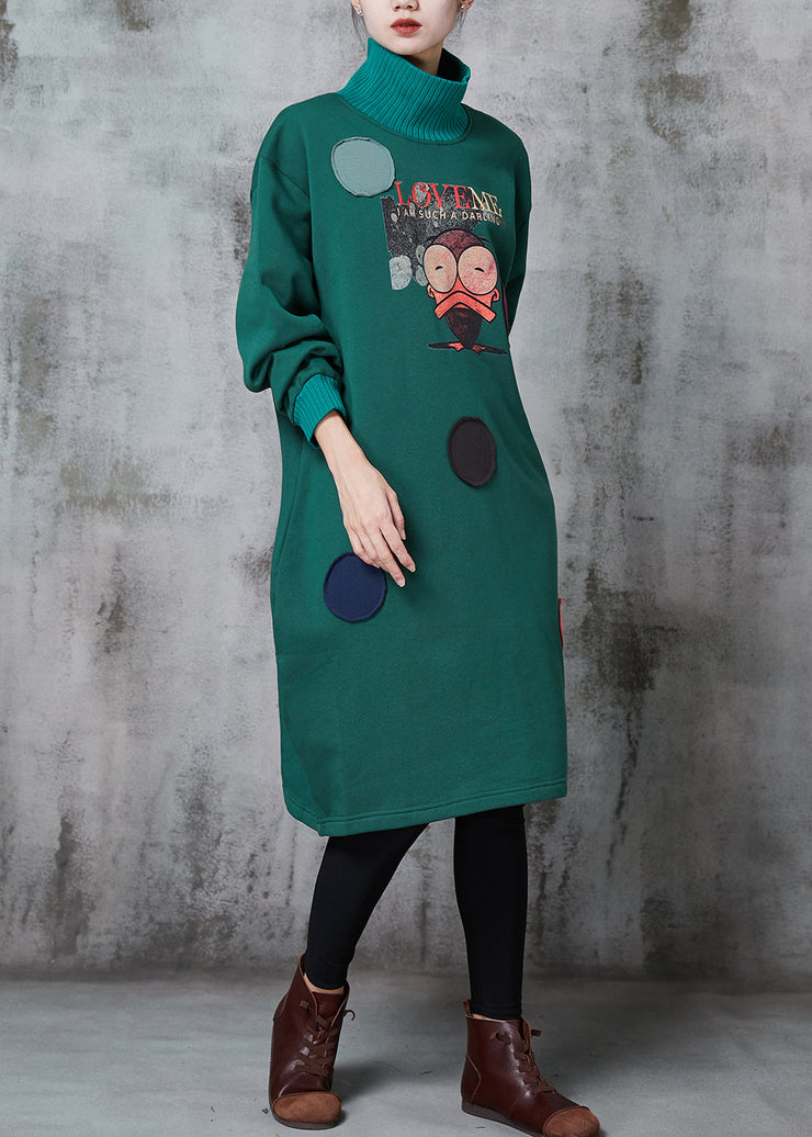 Elegant Green High Neck Print Cotton Sweatshirts Dress Spring