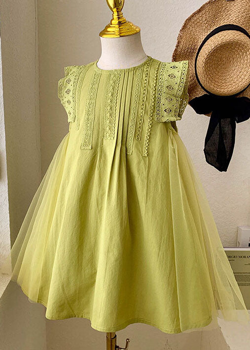 Elegant Green Hollow Out Embroideried Tulle Patchwork Cotton Baby Girls Dress Summer