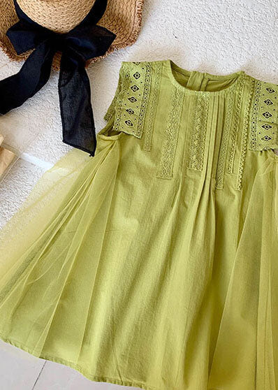 Elegant Green Hollow Out Embroideried Tulle Patchwork Cotton Baby Girls Dress Summer