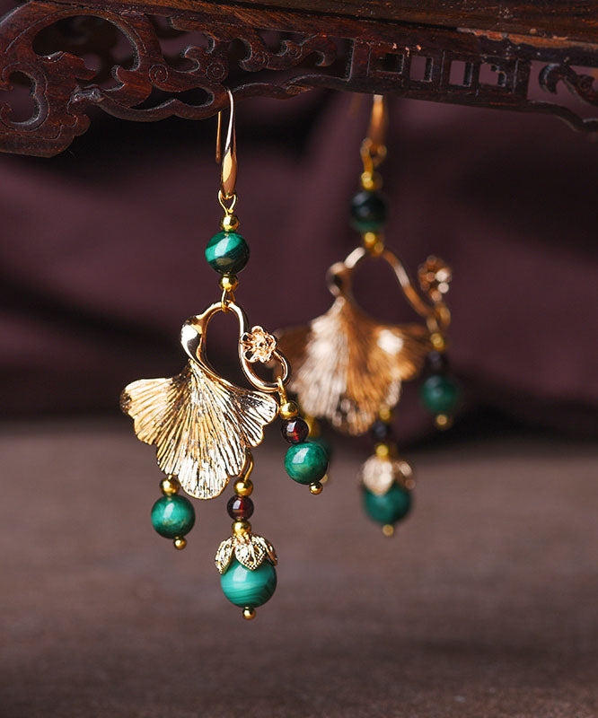 Elegant Green Malachite Ginkgo Leaf 14K Gold Drop Earrings