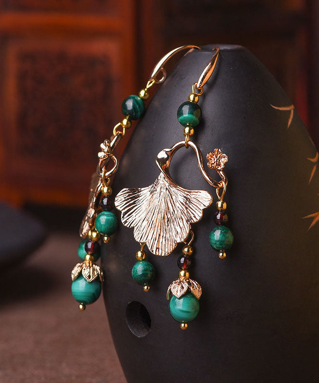 Elegant Green Malachite Ginkgo Leaf 14K Gold Drop Earrings