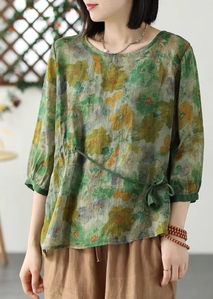 Elegant Green O-Neck Print Drawstring Tie Waist Ramie Top Long Sleeve