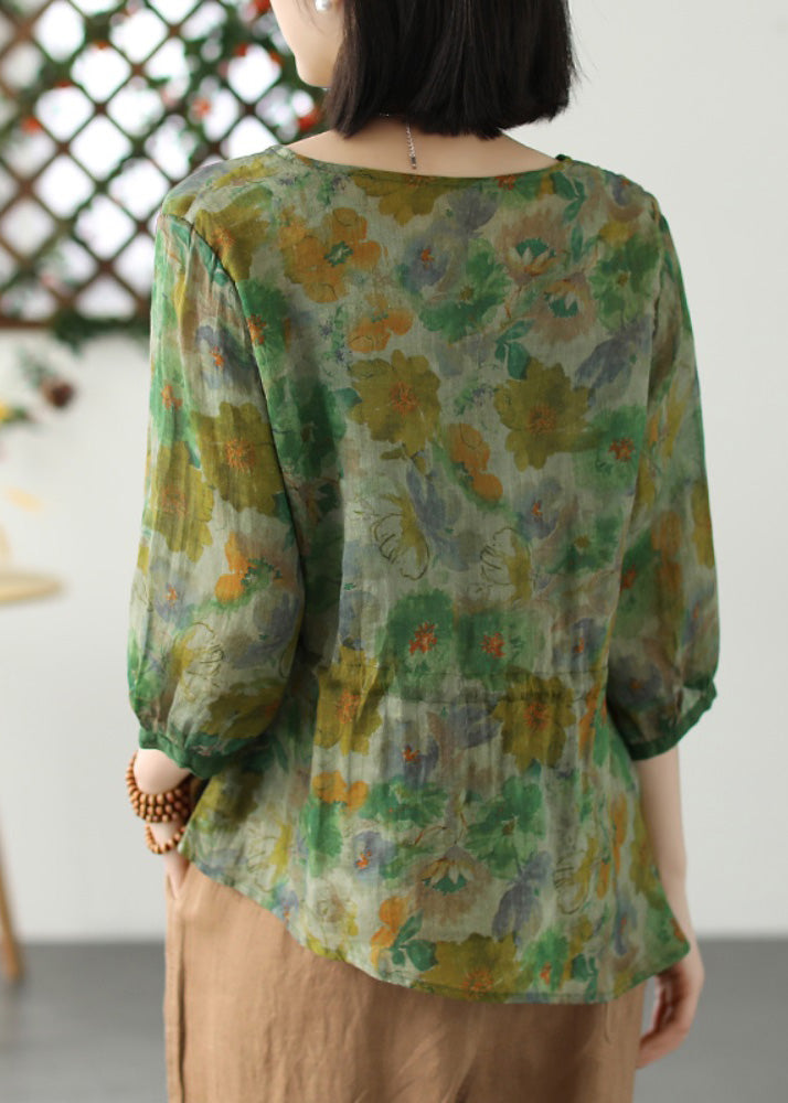 Elegant Green O-Neck Print Drawstring Tie Waist Ramie Top Long Sleeve