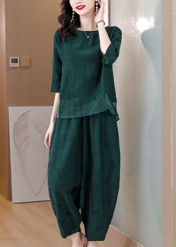 Elegant Green Oversized Patchwork Linen Two Pieces Set Spring