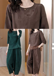 Elegant Green Oversized Patchwork Linen Two Pieces Set Spring