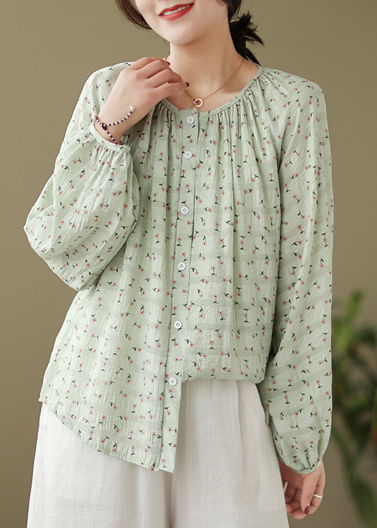 Elegant Green Oversized Print Cotton Blouses Fall