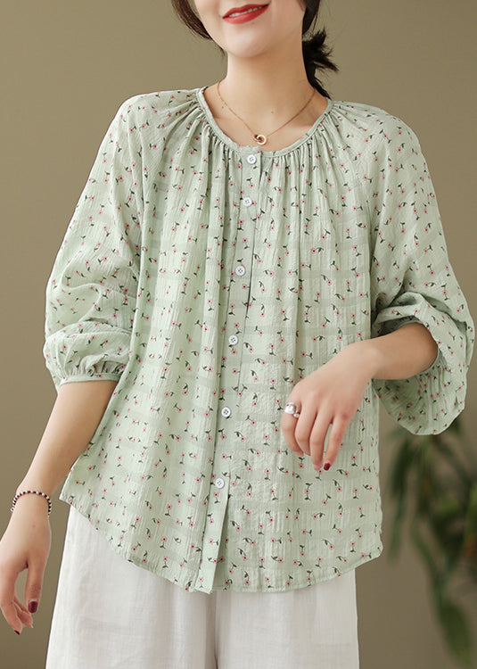 Elegant Green Oversized Print Cotton Blouses Fall