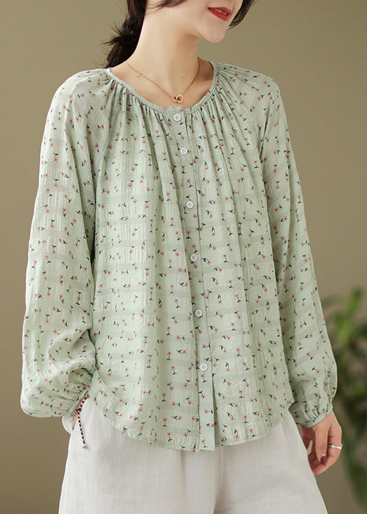 Elegant Green Oversized Print Cotton Blouses Fall