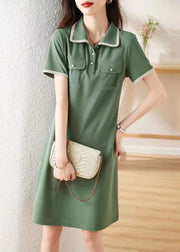 Elegant Green Peter Pan Collar Button Patchwork Cotton Dress Summer