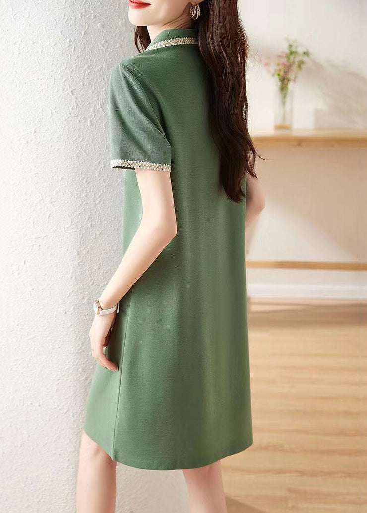 Elegant Green Peter Pan Collar Button Patchwork Cotton Dress Summer