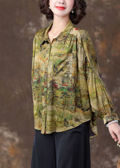 Elegant Green Peter Pan Collar Patchwork Print Silk Blouse Top Spring