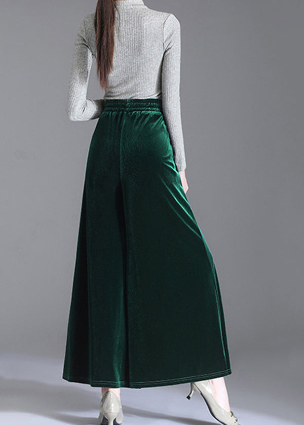 Elegant Green Pockets Elastic Waist Velour Wide Leg Pants Fall