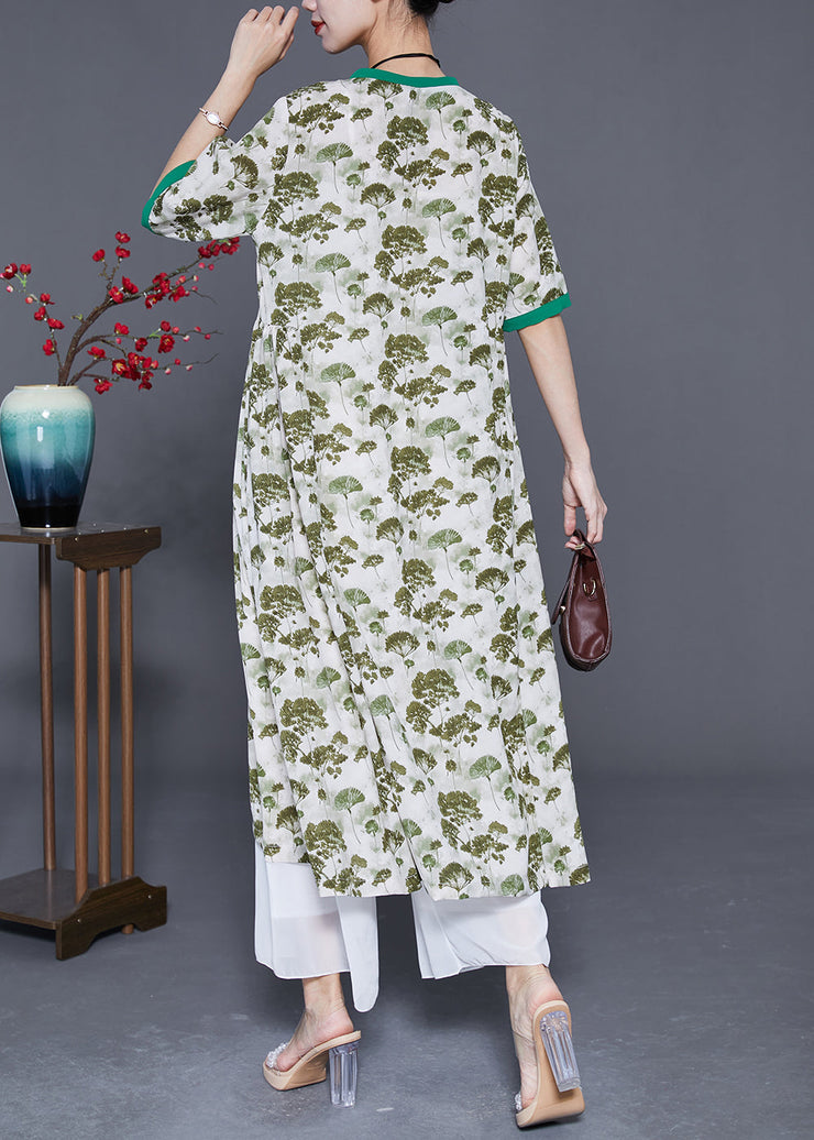 Elegant Green Print Exra Large Hem Linen Dresses Summer