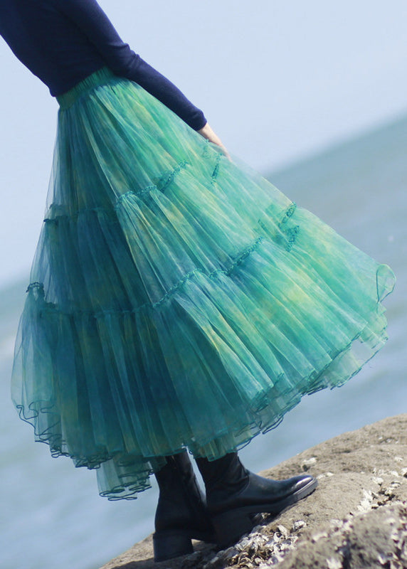 Elegant Green Ruffled Elastic Waist Tulle Skirt Spring