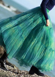 Elegant Green Ruffled Elastic Waist Tulle Skirt Spring