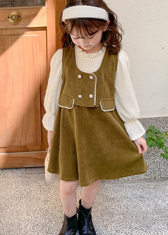 Elegant Green Ruffled Patchwork Corduroy Kids Girls Two Piece Set Outfits Fall