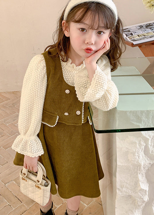 Elegant Green Ruffled Patchwork Corduroy Kids Girls Two Piece Set Outfits Fall