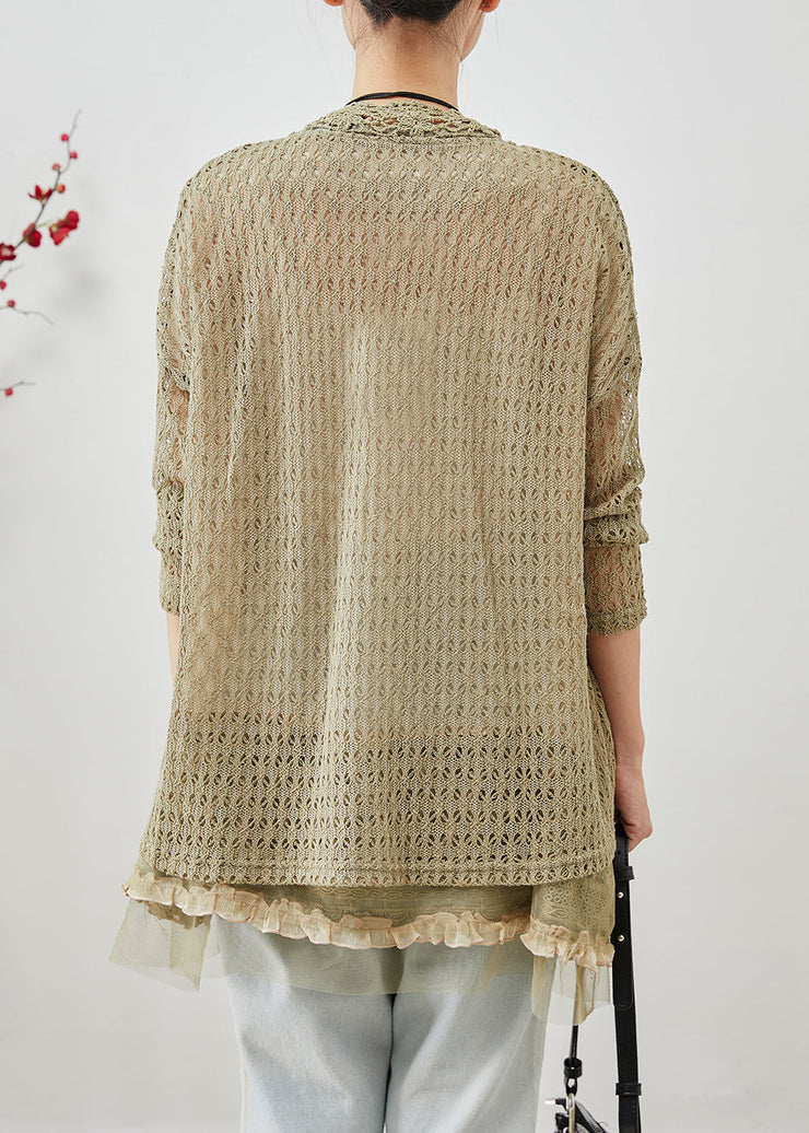 Elegant Green Ruffled Patchwork Hollow Out Lace Cardigans Fall