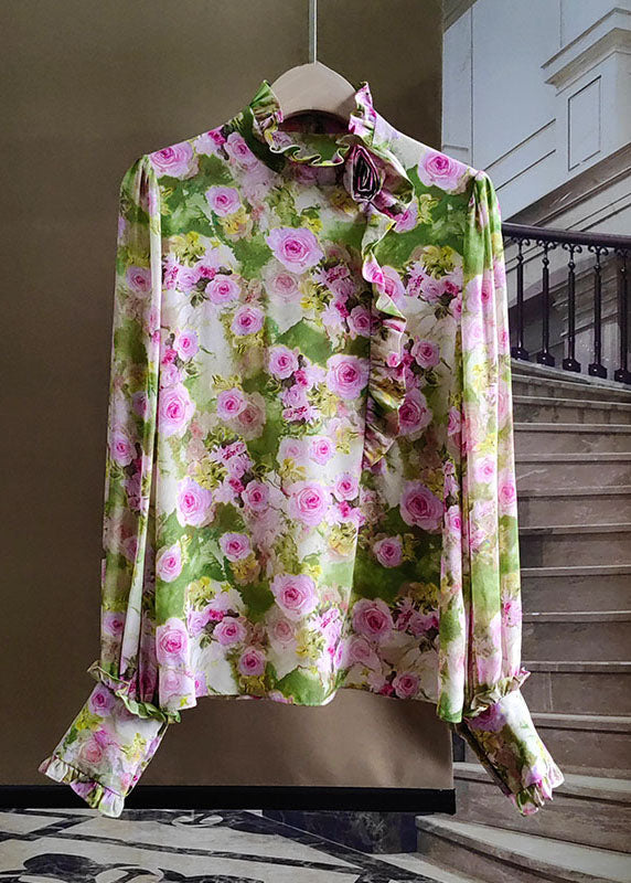 Elegant Green Ruffled Rose Print Silk Tops Spring