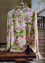 Elegant Green Ruffled Rose Print Silk Tops Spring