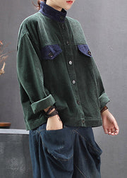 Elegant Green Stand Collar Button Corduroy Coats Spring