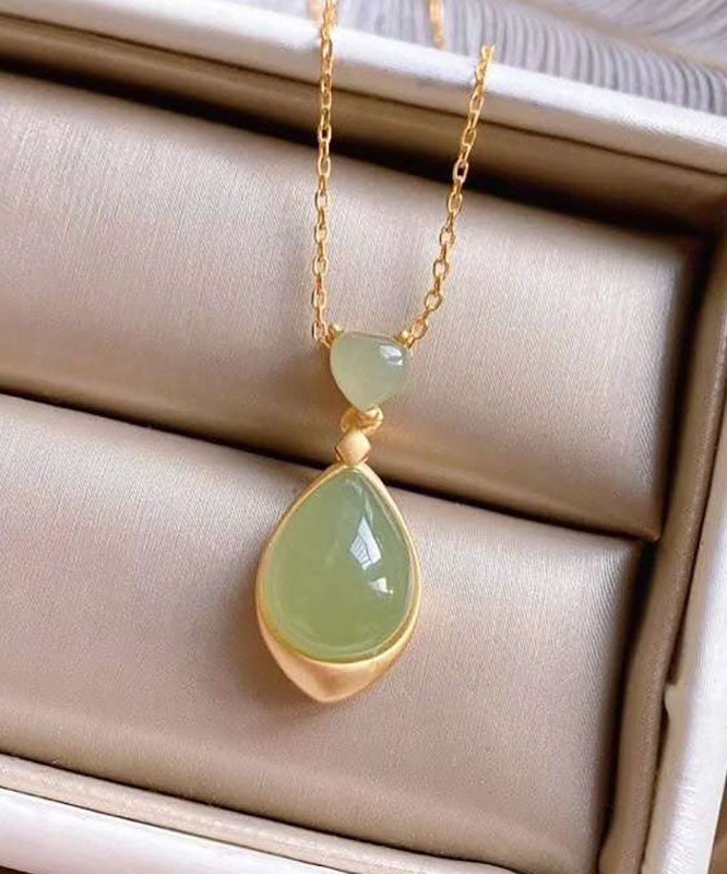 Elegant Green Sterling Silver 18K Gold Inlaid Jade Pendant Necklace