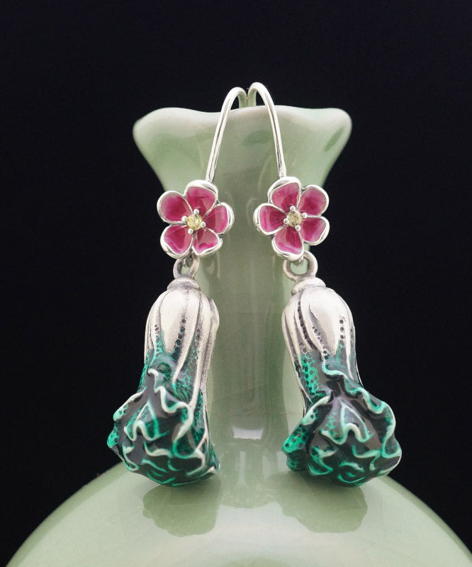 Elegant Green Sterling Silver Cabbage Drop Earrings