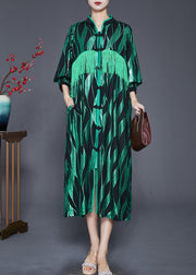 Elegant Green Striped Tasseled Chinese Button Silk Maxi Dresses Fall