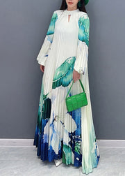 Elegant Green Turtleneck Print Tie Waist Long Dresses Long Sleeve